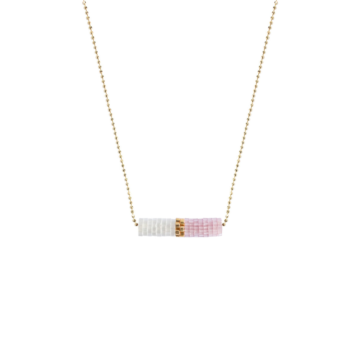 Elegant white and pink beaded necklace with a gold plated on silver chain.