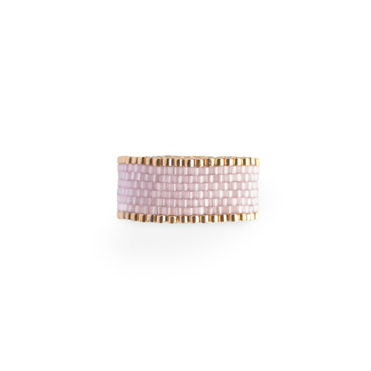 Elegant white and pink beaded ring on a white background.