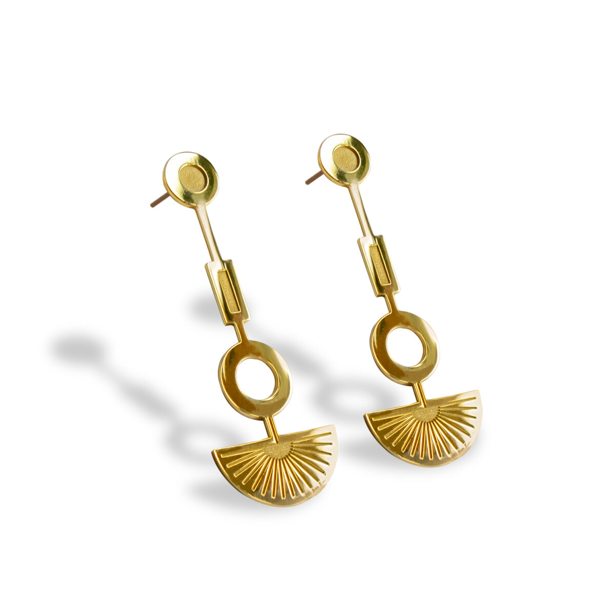 Elegant gold dangle earrings with round and fan-shaped elements on a white background.
